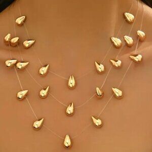 Three Multi-Layered Gold Electro-Plated Teardrop Pendant Necklace